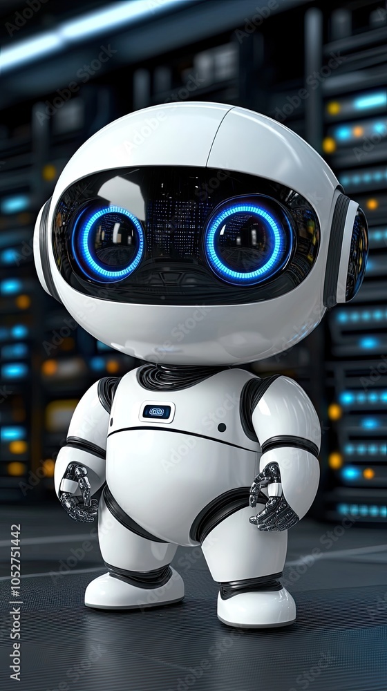 Poster a cute robot with a cheerful expression explores a high-tech server room filled with advanced techno