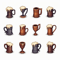 Pixel art set of goblets, mugs and tankards
