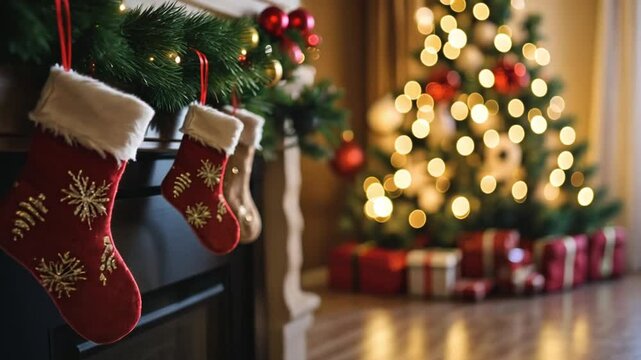 Merry Christmas 4k background, Christmas tree and red socks at New Years eve animation, New Year and Christmas eve social media motion background.