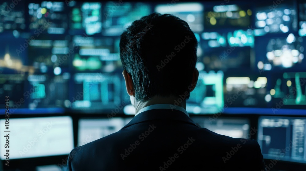 Poster a close-up of a cybersecurity expert monitoring a bank secure network from