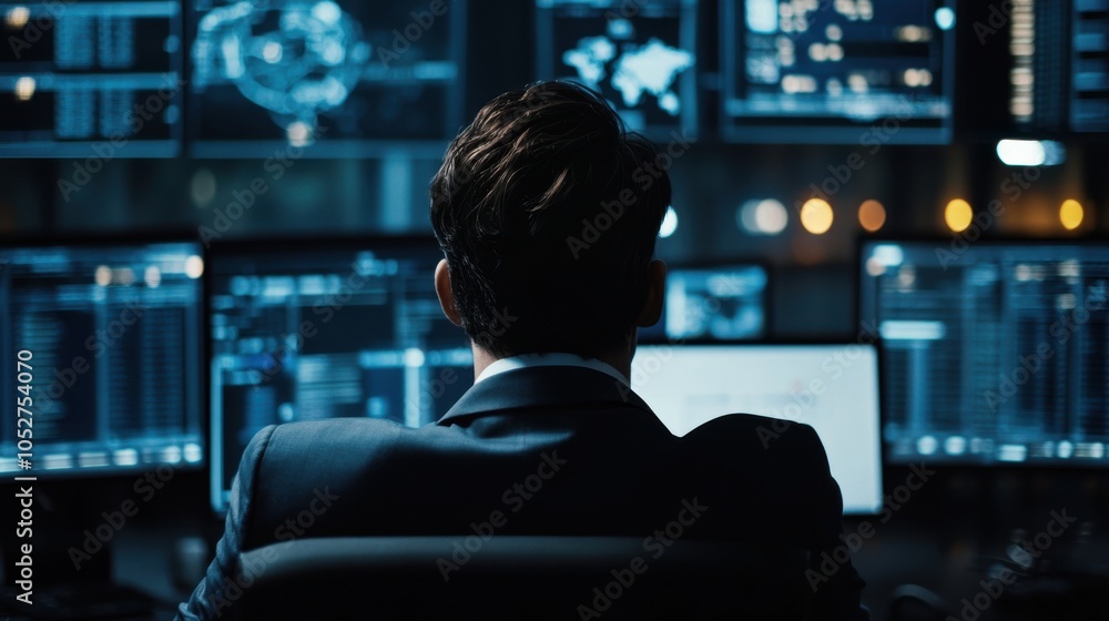 Poster a close-up of a cybersecurity expert monitoring a bank secure network from