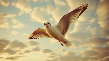 Fototapeta premium A white seagull soars through the clouds, its wings outstretched against a backdrop of golden sunset hues.