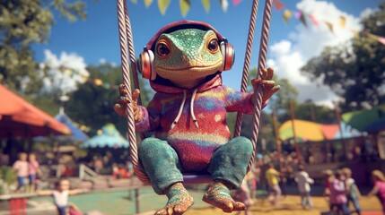 A green lizard wearing a colorful hoodie and headphones sits on a swing at a carnival.
