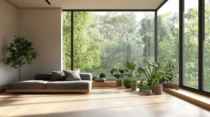 Fototapeta premium A spacious living room with pale wooden floors, a minimalist gray couch, a cluster of small plants near the large windows, creating a connection with nature
