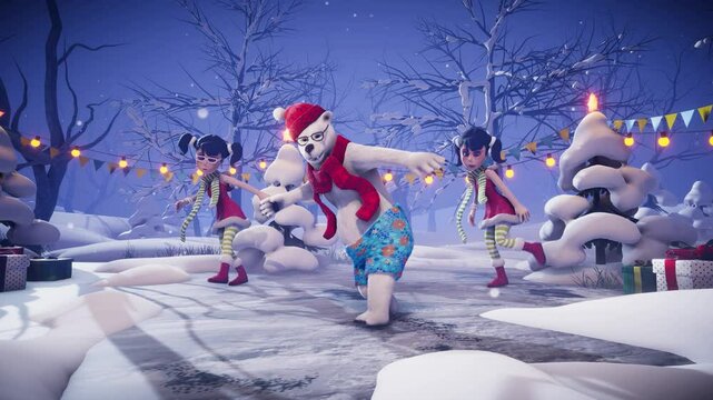 Christmas party: funny polar bear in red hat and scarf dancing on winter festive background. Animated video for greeting cards, holiday events, new year parties