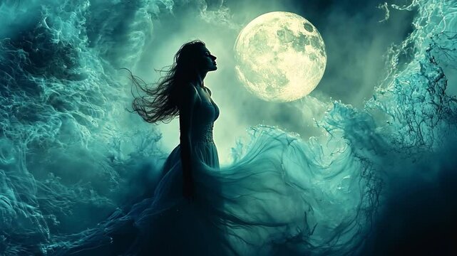A silhouette of a woman in a flowing dress dances near turbulent waves under a full moon