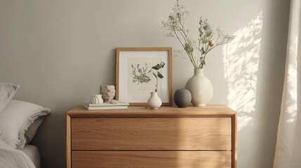 A wooden dresser with a framed print, a vase with dried flowers, and a book stack in a minimal bedroom.