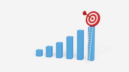 Plan and strategy to achieve big goals. Career success journey, steady growth or shortcut concept. 3D archery target on top of bar graph with dart in the center and a ladder