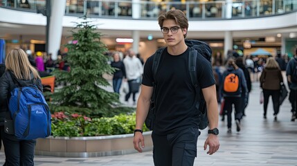 An attractive man with light brown hair and eyeglasses gazes thoughtfully at visitors during the World’s Fair in a bustling city hall