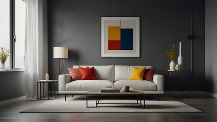 The stylish boho compostion at living room interior with design gray sofa, wooden coffee table, commode and elegant personal accessories. Honey yellow