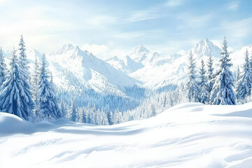 A serene winter landscape featuring snow-covered mountains and evergreen trees under a clear blue sky.