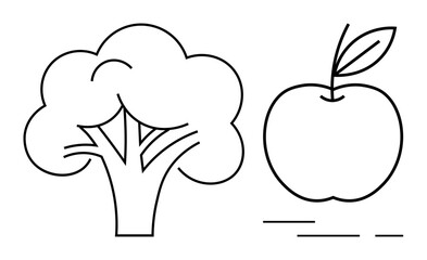 Black and white outline of broccoli and apple with leaf next to text lines. Ideal for healthy eating posters, nutrition guides, educational materials, food blogs, childrens books, diet plans