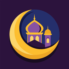 A crescent moon with a mosque inside, a simple graphic design for Ramadan.