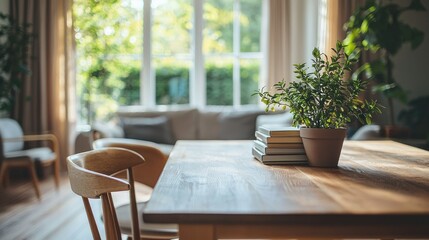 A wooden table in a living room with a plant, a stack of books, and a chair in the foreground.