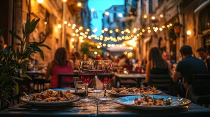 Naklejka premium Romantic Dinner Setting with Wine and Food