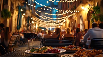 Fototapeta premium Evening Dinner Scene with Wine and Lights in Italy