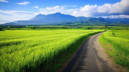 Obraz premium Scenic mountain view over lush green rice fields