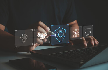 Digital copyright or patent concept. Laws regarding copyright and patents on intellectual property...