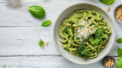 Obraz premium Fresh Pasta with Pesto and Broccoli Garnish
