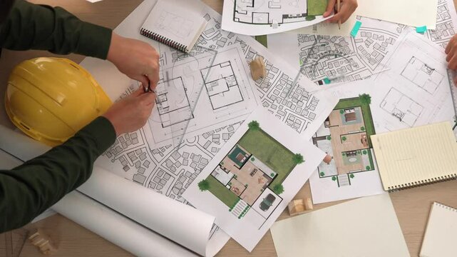 Architect and safety engineer discussion about building construction use blueprint on table with architectural document, measurement tool and wooden block scatter around at modern office. Delineation.
