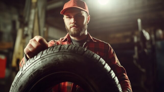 Mechanic inspecting a tire in a repair service center with room for text in the background