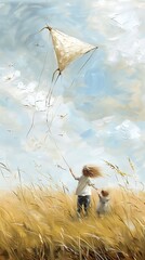 girl flying kite field favorite far away boy travel upwards wind chimes happy sunny day illustration