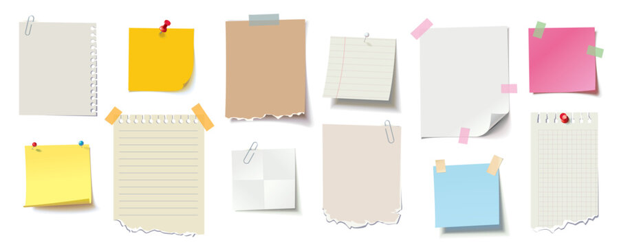 Set note paper, sticky note, notebook page, torn piece of paper. Blank sheet with push pin and adhesive tape. Templates for note message. Vector illustration. Isolated on white background. Front view