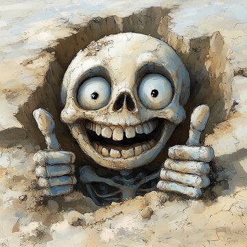 skeleton thumbs stuck ground cartoon extremely sand magazine necropolis inspiring smiling viewer sinkholes steppe background thumbnail highly sarcastic friendly