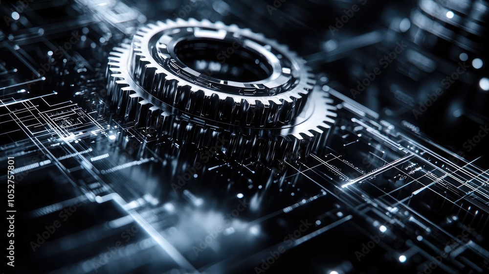 Poster close-up of a metallic gear on a circuit board, representing technology and progress.