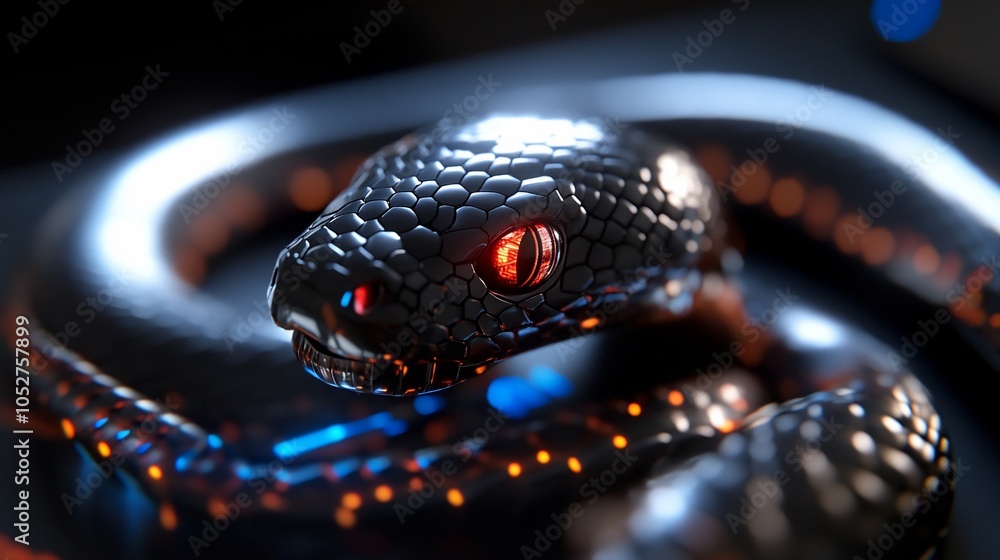 Poster a close-up of a black snake with red eyes, coiled up and looking directly at the viewer.