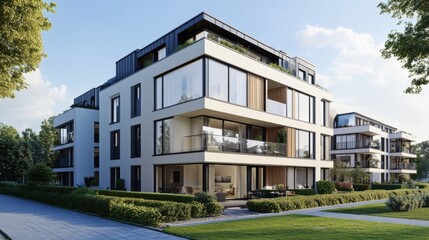 Fototapeta premium A modern apartment building with energy-saving insulation and triple-glazed windows.