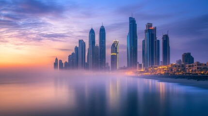 Obraz premium Misty city skyline at dawn with tall buildings reflecting soft pastel colors over the ocean horizon