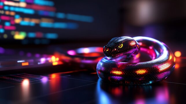 A glowing snake with scales coiled on a dark surface in front of a computer monitor with code on the screen.