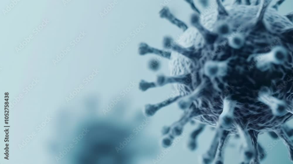 Aufkleber Microscopic view of a monkeypox virus cell floating in a light blue background representing global pandemic threat with other viruses in the background out of focus
