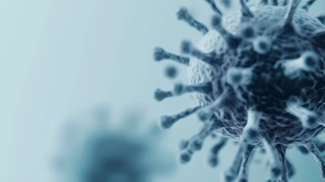 Microscopic view of a monkeypox virus cell floating in a light blue background representing global pandemic threat with other viruses in the background out of focus