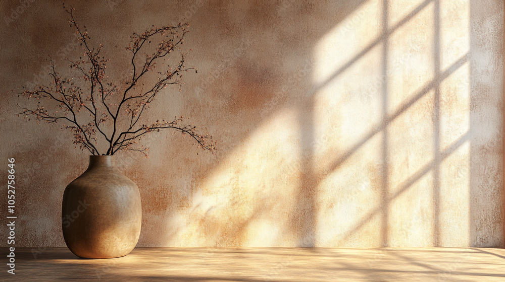 Poster rustic vase with branches in sunlit minimalist room. a minimalist setting featuring a rustic vase wi