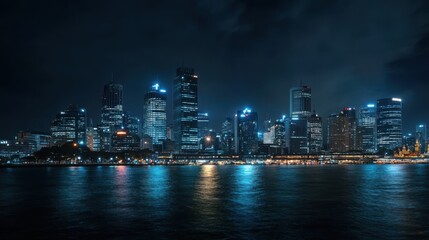 Fototapeta premium A panoramic view of the capital city nighttime skyline, featuring iconic landmarks glowing