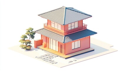 Isometric 3D rendering of a traditional Japanese house with a red exterior, gray roof, and a small garden.