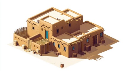 Isometric illustration of a traditional adobe house with a flat roof and a courtyard.