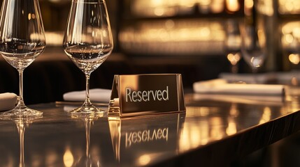 Stylish metallic gold reserved sign reflecting light on a modern restaurant table with wine glasses during an elegant dining experience