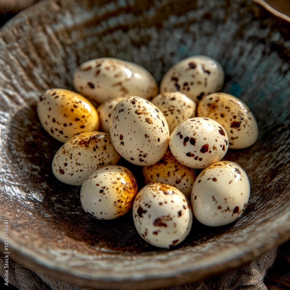 Aufkleber fresh quail eggs arranged beautifully in a rustic bowl. each egg has unique speckled patterns. perfe
