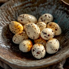 Obraz premium Fresh quail eggs arranged beautifully in a rustic bowl. Each egg has unique speckled patterns. Perfect for culinary presentations or farm-to-table concepts. Simple, elegant, and natural. AI