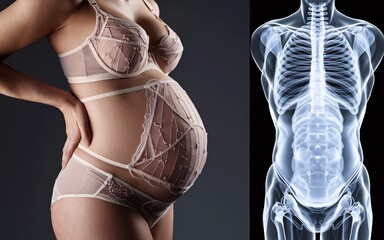 A pregnant woman's body shown side-by-side with an x-ray of a human skeleton.