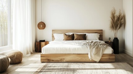 Minimalist bedroom with a wooden bed, white linens, and a large window.