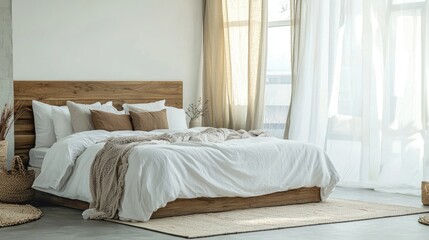Fototapeta premium Minimalist bedroom with white bedding and wooden headboard.