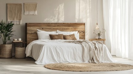 Minimalist bedroom with a wooden headboard, white bedding, and a jute rug.