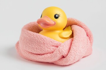 A playful rubber duck nestled in a pink towel during a cozy bath time moment