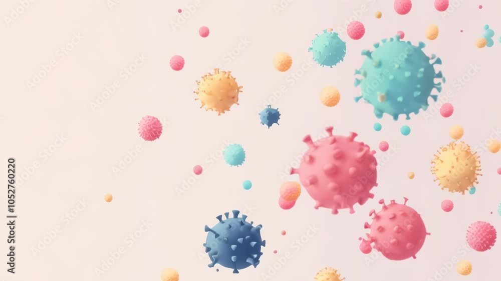 Aufkleber Colorful 3d rendering of virus particles floating against a light pink background, creating a microscopic visualization of various pathogens