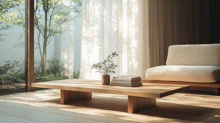 Minimalist living room with wooden coffee table, a potted plant, books, and a white sofa, with natural light streaming through a window.