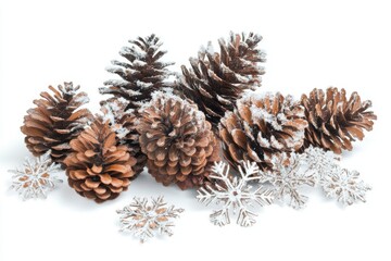 Fototapeta premium Snow-covered pinecones surrounded by delicate snowflakes on a white background during winter